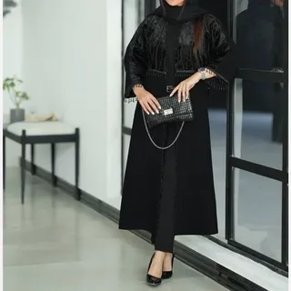 مانتو بلند مجلسی زنانه سنگدوزی و نوار منگوله دار 