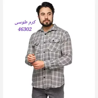 پیراهن اسپرت پشمی مردانه چهارخونه  آستین بلند جنس پشمی رنگ کرم طوسی 46302 مشکی آبی 46303 سایز 4XL، XL، XXL، XXXL 