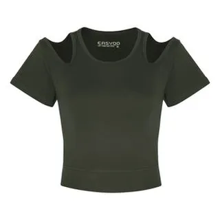 کراپ‌ تی‌شرت آستین کوتاه زنانه ایزی دو مدل 3843059879 رنگ سبز تیره