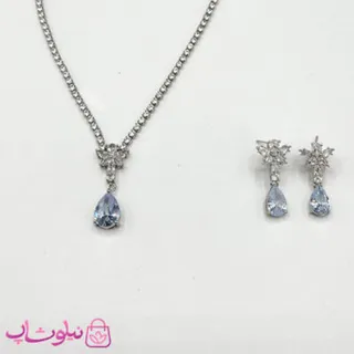 ست گردنبند و گوشواره زنانه تنیسی طرح گل با کریستال اشکی آبی کد 600