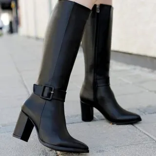 بوت بلند زنانه چرم مشکی با پاشنه ۷ سانت شیک و مجلسی