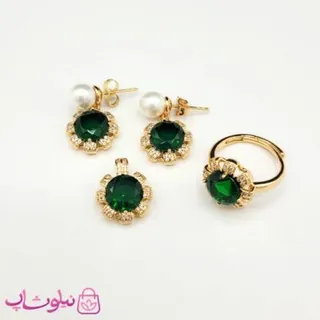 ست گوشواره، پلاک و انگشتر ژوپینگ مدل گل سبز کد 4991