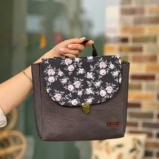 کیف گلدونه طرحدار طوسی گل سفید