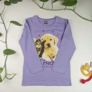 بلوز دخترانه آستین بلند طرح سگ و گربه یاسی رنگ – 5-6 سال