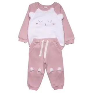 بلوز شلوار دخترانه طرح خرس رنگ صورتی سفید پاپو Papo