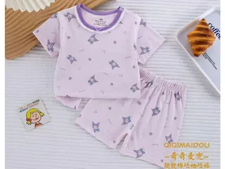 تیشرت و شلوارک راحتی دخترانه رنگ یاسی روشن طرح کرومی