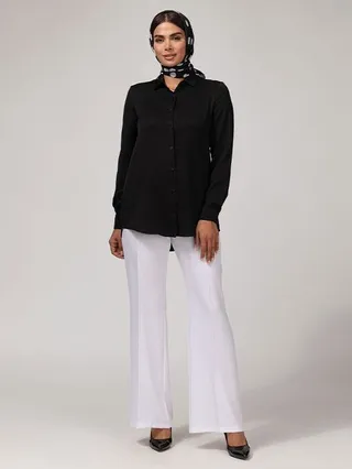 تونیک زنانه کرپ یقه مردانه آستین بلند بیسیک 50100 مشکی