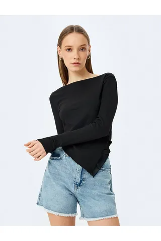 Kotonنقاشی بلوز آستین بلند و نامتقارن Yok Slim Fit Fit Fit
