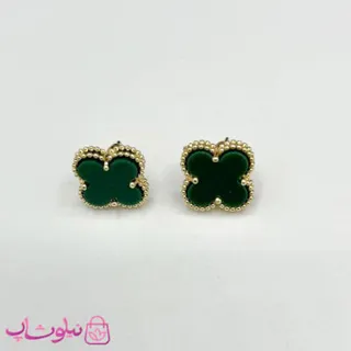 گوشواره میخی دخترانه سبز یشمی طرح ونکلیف آبکاری طلا کیفیت مستر کد 240