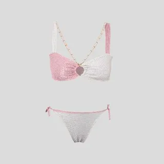 مایو زنانه لمه صورتی نقره ای مروارید