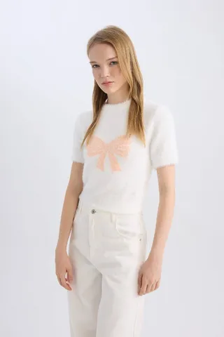 Defactoژاکت بافتنی یقه آستین کوتاه مخملی با روبان پاپیون خدمه D1710ax24wn