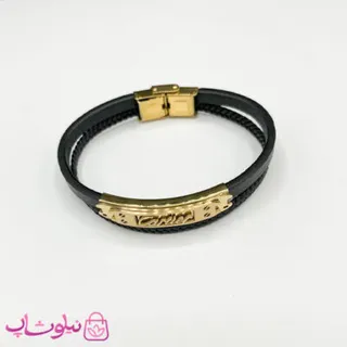 دستبند مردانه طرح کارتیه چرم مشکی طلایی کد 1188