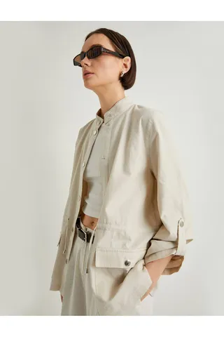 Kotonژاکت فصلی کتانی ترکیبی یقه استند بسته آستین تاشو