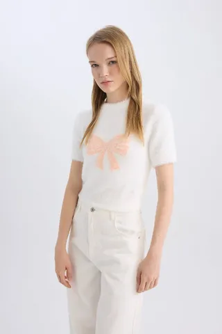 Defactoژاکت بافتنی یقه آستین کوتاه مخملی با روبان پاپیون خدمه D1710ax24wn