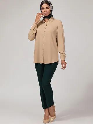 تونیک زنانه کرپ یقه مردانه آستین بلند بیسیک 50100 نسکافه ای