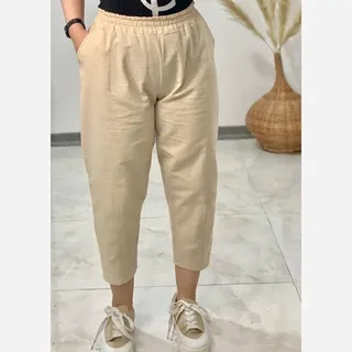 شلوار مام کتان کش رنگبندی