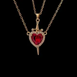 گردنبند زنانه مدل دوستی قلب و شمشیر یاقوتی مجموعه 2 عددی