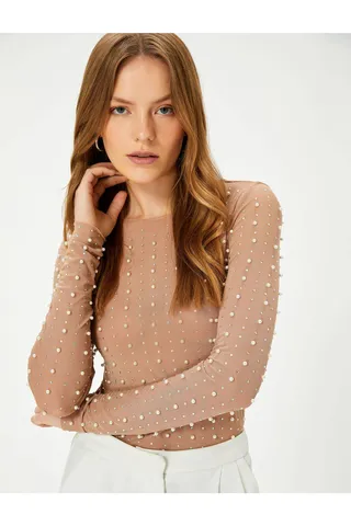 Kotonلباس شب، بلوز و جزئیات مروارید، آستین بلند، یقه خدمه، تناسب باریک