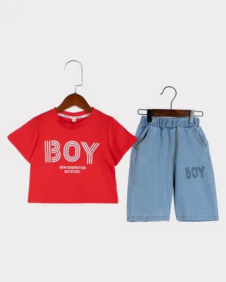 ست تیشرت و شلوارک جین پسرانه با چاپ BOY...