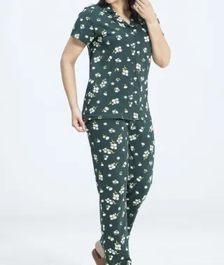 ست زنانه کت آستین کوتاه و پیژامه سبزتیره