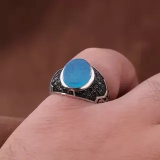 انگشتر عقیق آبی نقش یااباالفضل مردانه اصل ( انگشتر مردانه )
