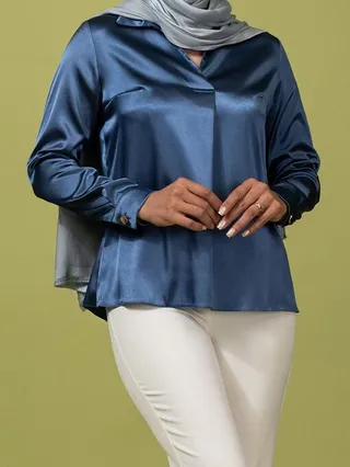 بلوز زنانه ساتن یقه مردانه کلاسیک آستین بلند فروغ آبی