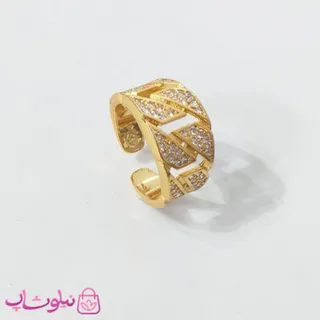 انگشتر زنانه پهن فری سایز طرح نگین دار طلایی کد 80