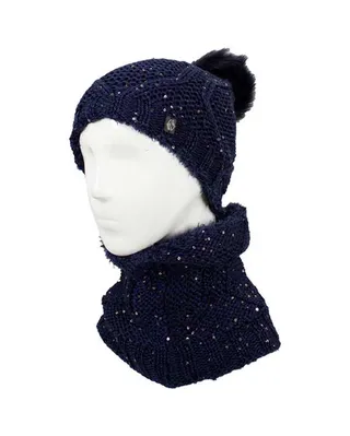 ست شال گردن و کلاه بافت سرمه ای تارتن Tartan مدل �آران لوزی با نخ پولک کد 81233100604